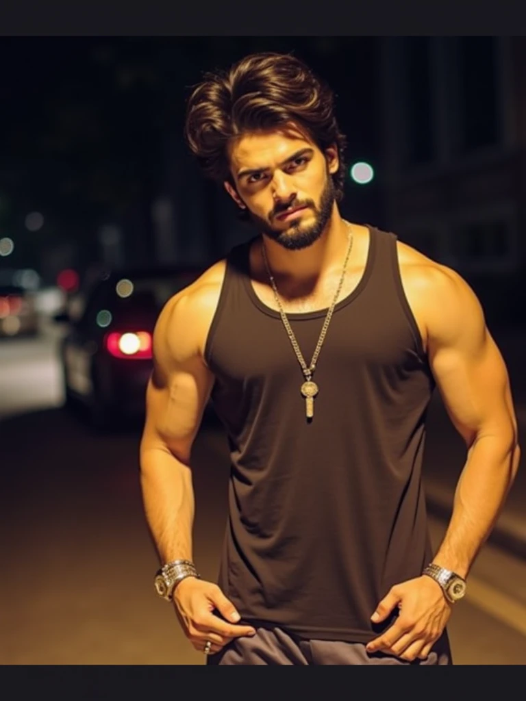 Portrait of a young man standing on a street at night. he is wearing a black tank top and grey sweatpants. he has a beard and is looking directly at the camera with a serious expression on his face. his hair is styled in a messy yet fashionable manner and ...