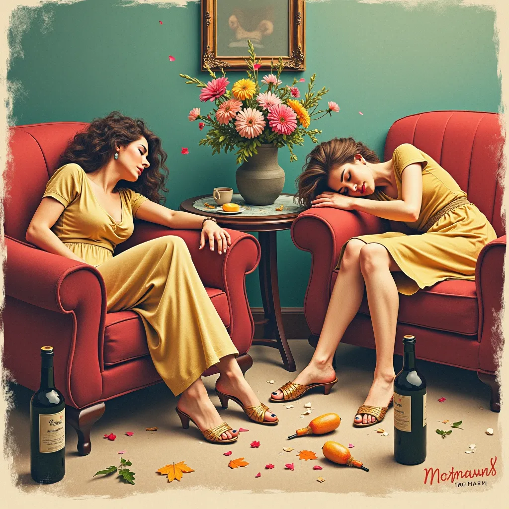 Humorous postcard for March 8. Drunk European-looking women lie drunk on couches and sleeping, alcohol bottles lying on the floor, there are leftovers on the table. There are bouquets of flowers in the room.  there is an inscription "happy women's day 8 ma...