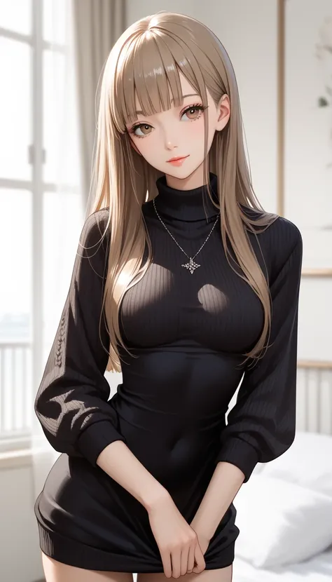 best quality, absurdres, わきDownを見せない, Down, no background, becomes transparent when you look at it {x}, PE, front view, cowboy shot, perfect and beautiful face, beautiful breasts,  Read more, slim, lightbrown long hair, blunt bangs, sweater, black dress,