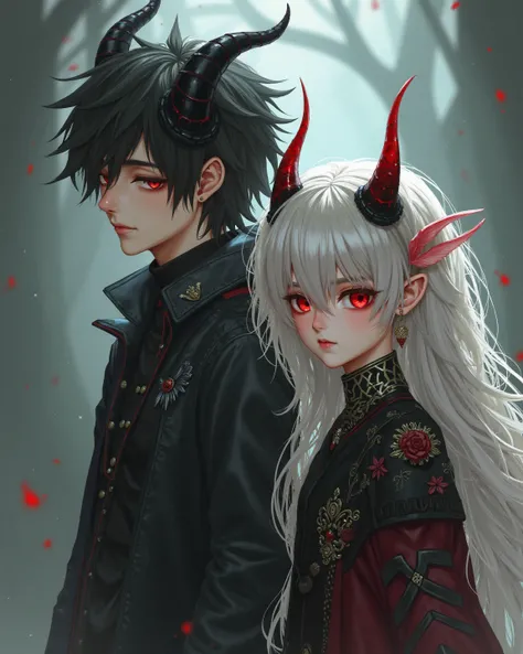 1 girl with white hair with red locks and silver eyes she is a demon of demon slayer with a young man with black hair red eyes and black horns 