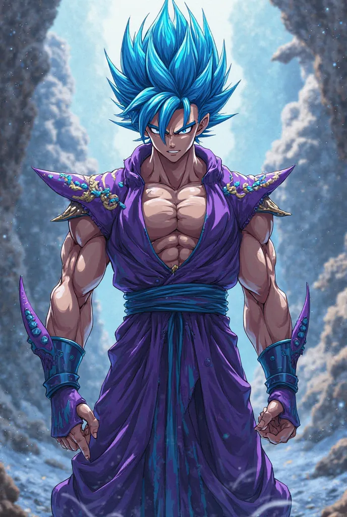 Create a blue-haired anime man wearing purple and blue hero outfits strong full body vision 

