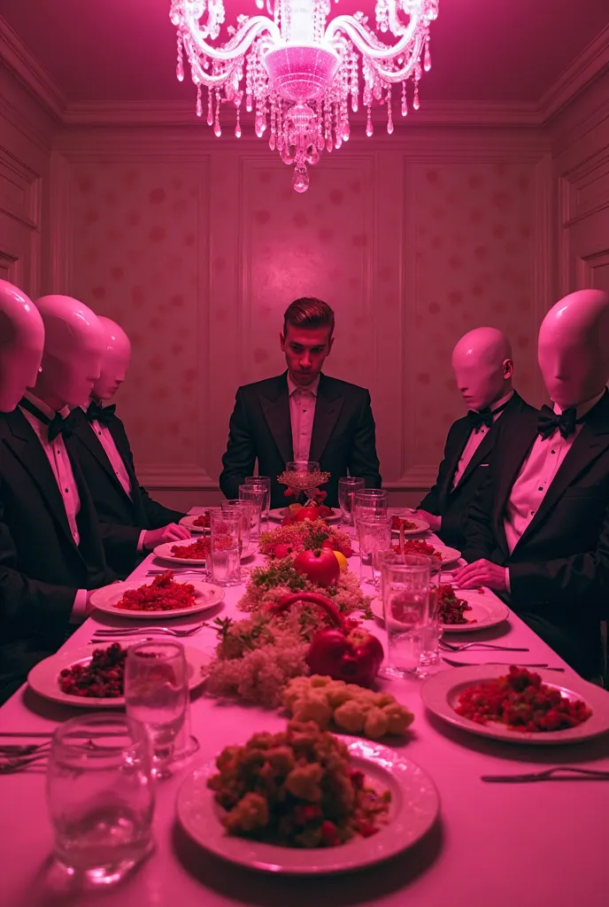 A surreal, symbolic scene inspired by the 'Yummy' music video. A luxurious but eerie dinner table is set with bizarre and unsettling food, while faceless figures in expensive suits sit around it. Justin Bieber is in the center, looking trapped, with neon p...