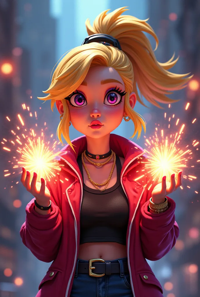 Create a character for trap-style music art with fireworks in your hands and looking like a blonde cartoon