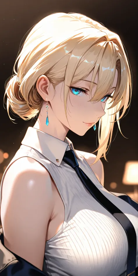 Masterpiece, very aesthetic, vibrant, high contrast, high resolution, ultra detailed, cool and mature woman, elegant, blonde hair, hair between eyes, swept hair, updo hair, blue eyes, upper body, tie, sleeveless collared shirt, off shoulder jacket, side bo...