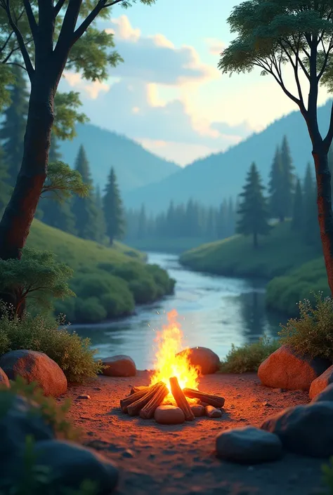 Set realistic nature background with a campfire and a river in the background 