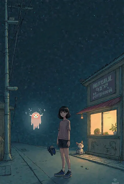 “A minimalistic and modern album cover featuring a nighttime street scene with a small glowing noodle shop. A young woman with black hair, bangs, and medium-length hair reaching her mid-back stands in the foreground. She wears casual night-out attire and l...