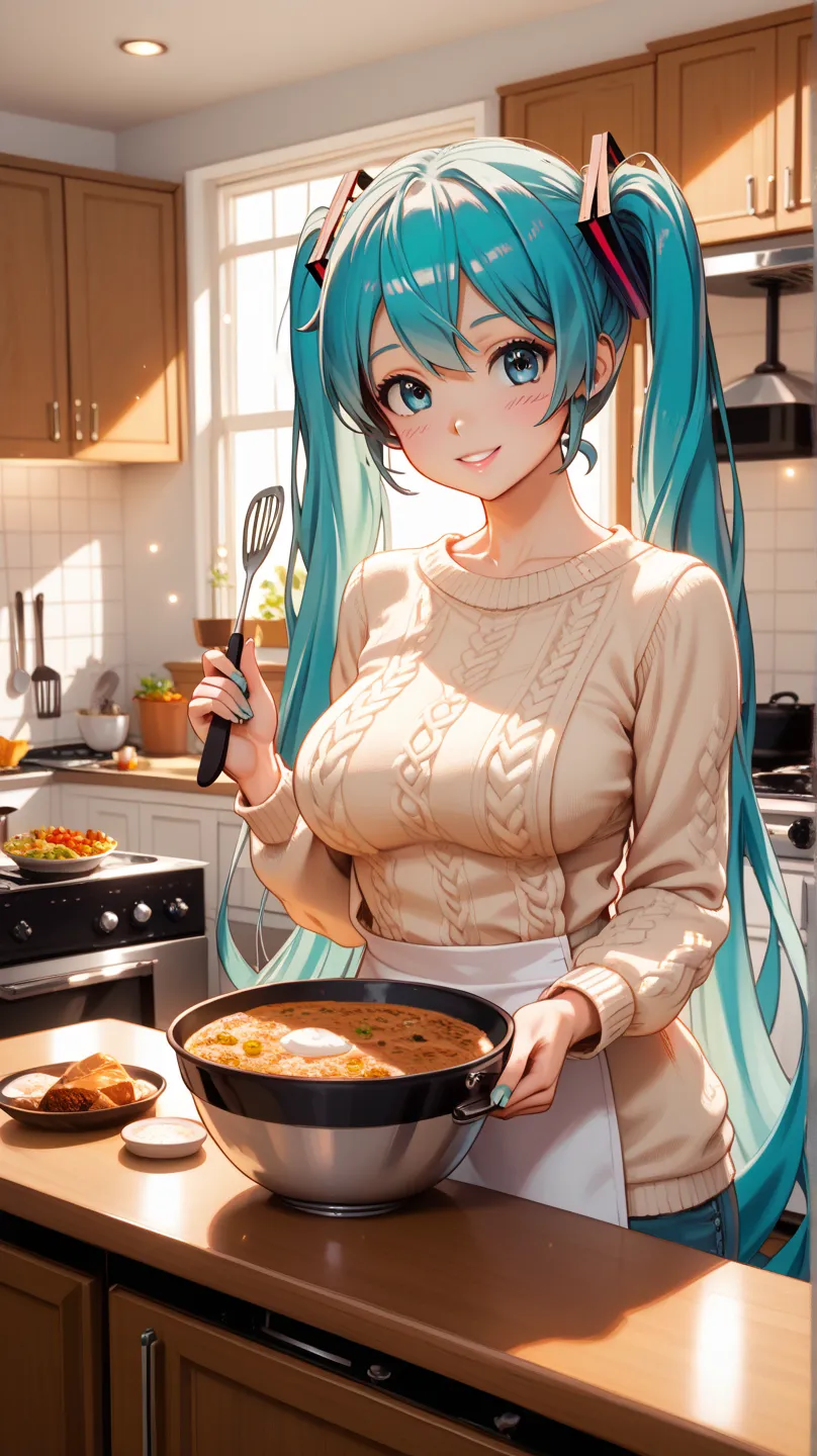  Hatsune Miku,best image quality,anime style,Big Breasts,Cooking,sweater,miniskirt,kitchen,Homely,Young Wife,real illustrations,Hi-Res,4K Details ,HDR,Studio Lights,realistic,Vivid Color,Bokeh,natural light,Family,kitchen,Meal preparation,Elegant, cute, wa...