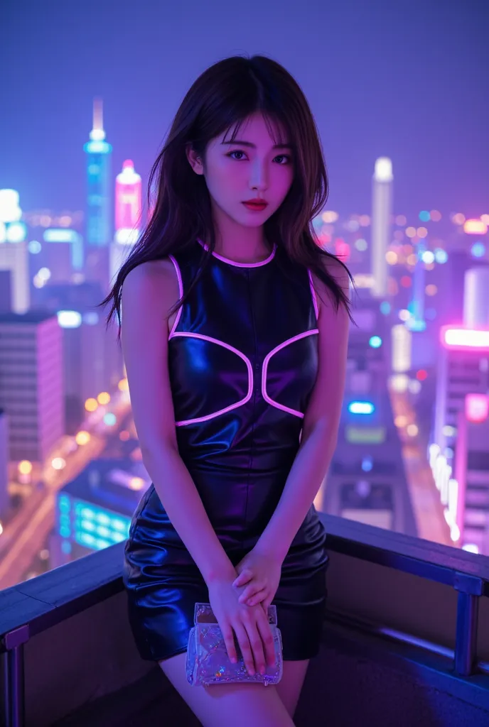 Photorealistic view from head to knees of a cute Japanese influencer on the rooftop terrace of a futuristic club. A high-exposure fill light brightens her face and outfit, preventing shadows and ensuring every detail is clearly visible, while maintaining t...