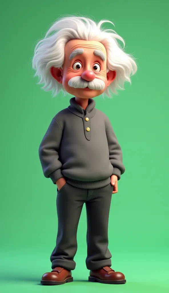 Creation of a 2D cartoon style illustration of Albert Einstein, ideal for AI animation. The character must be in full body, with a neutral and natural posture, leaving the hands free for future movements. His visual features should be well-defined and expr...