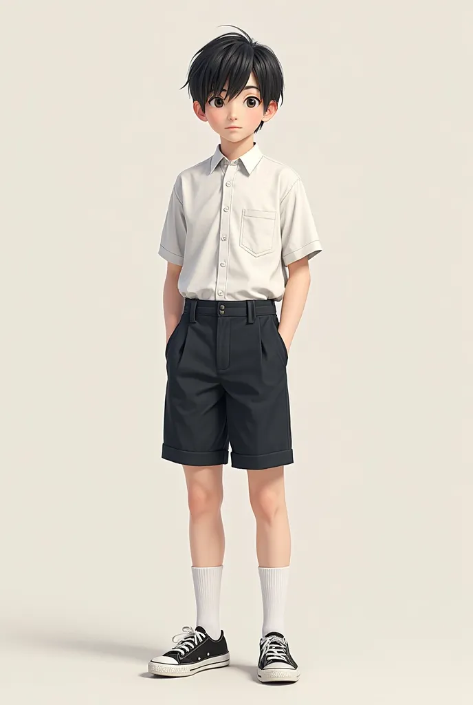 The boy is wearing a male school uniform, white half-leg socks, black sneakers, black student shorts, a white shirt with a buttoned collar, a short hairstyle