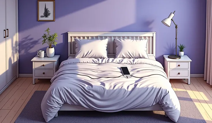 Anime movie style。A white bed placed in front of a light purple wall。The white table has a lighting stand and、A smartphone connected to a charger is placed。