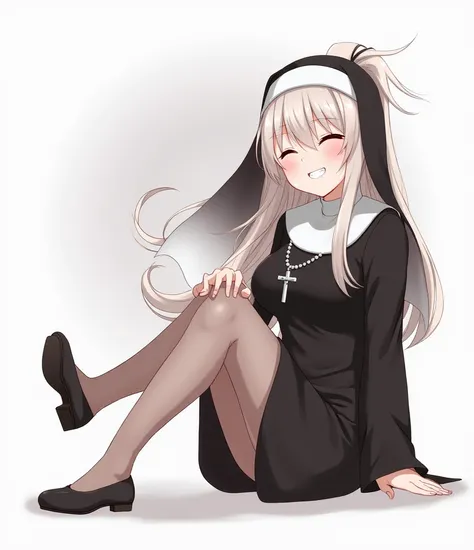  1 Girl , long hair, , 中等long hair  , ponytail, Smile, tooth, ,  Bare-Tooth Laughing , 露出下排tooth齒, 露出虎tooth,Yandere, Chest, Big breasts, nun costume , wearing rosary silver chain, Narrow skirt, Wide legs , stockings, Flats,Realism