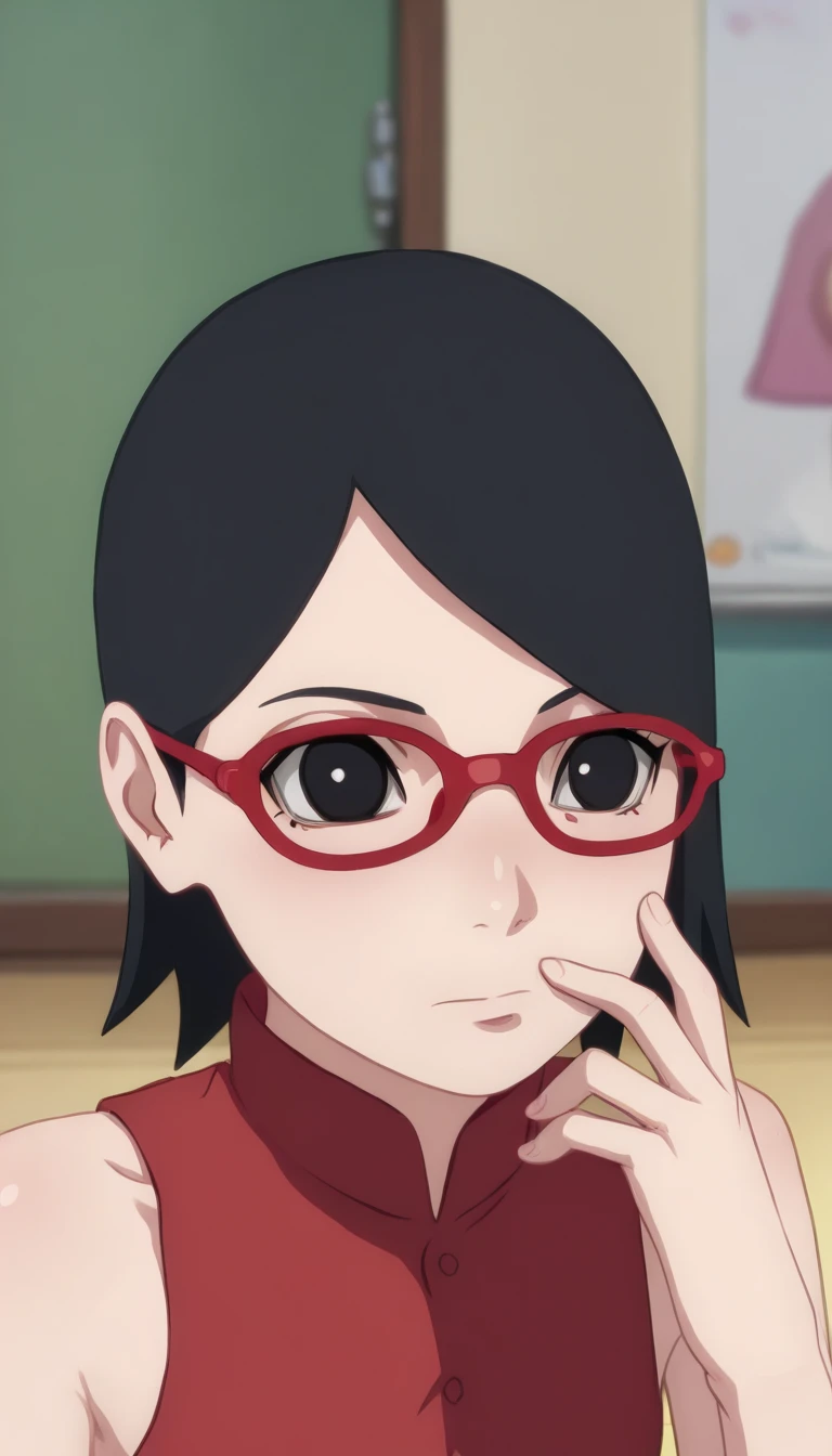 1 ,sarada,black hair,short hair,red-framed glasses,detailed face, masterpiece,best quality, bright ,wearing red sleeveless shirt, flat breasted, home,  black eyes, finger in glasses, 