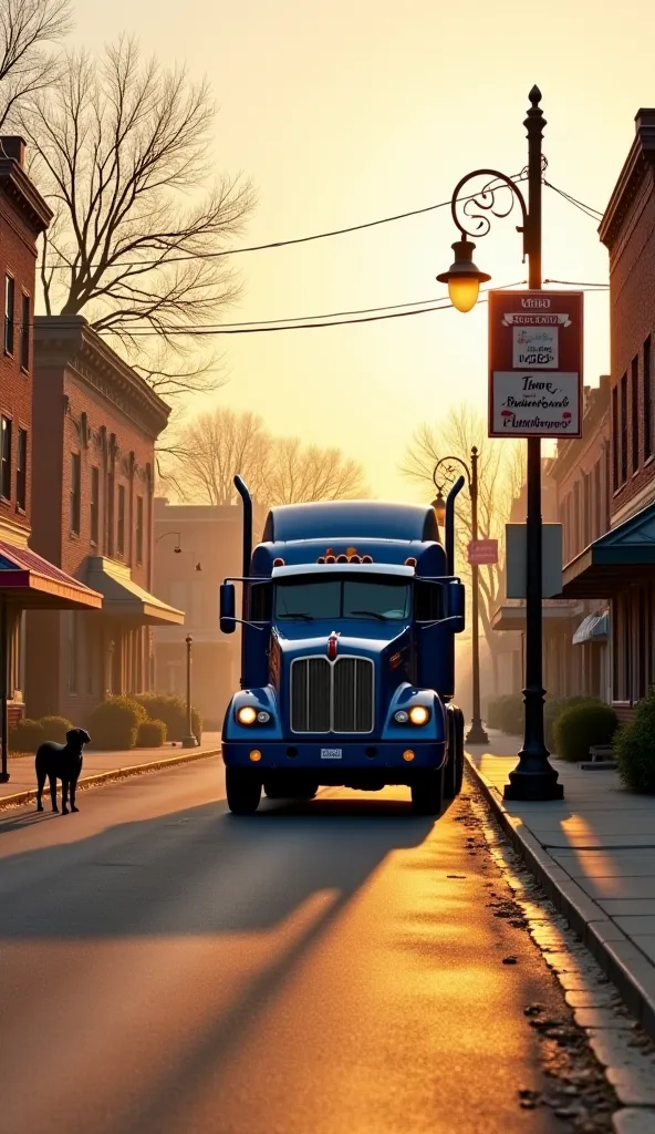 A peaceful small-town street with brick houses and vintage street lamps is bathed in the golden light of dawn. A massive blue Kenworth truck is parked near a diner, its powerful grille and headlights standing out. A black retriever stands on the sidewalk, ...