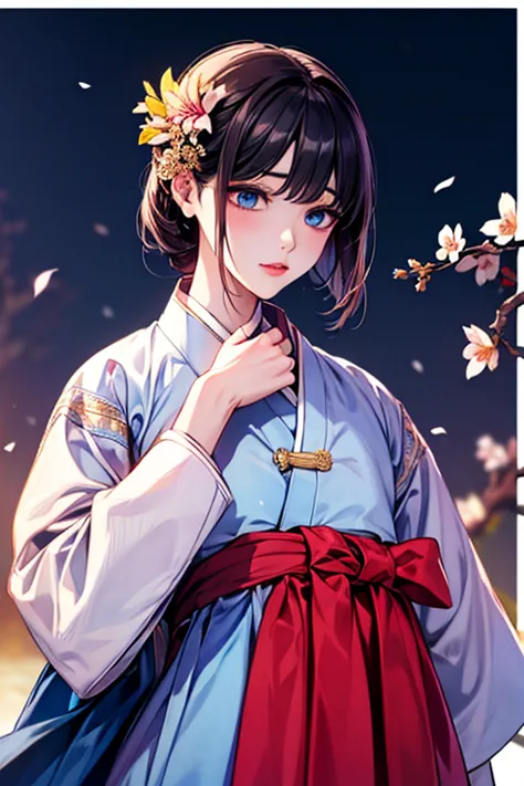 (((gfyuju ))), ((((black hair)))), blue eyes, (((Hanbok1.5))), hanbok, (((Danguy 1.5))), Outstanding, Best Aesthetic, Best Quality, Masterpiece, Very Detailed, Masterpiece,  1girl , Alone, Blue Sky, Daytime, Flower, Cherry Blossom, Plum Blossom, Lilies, Be...