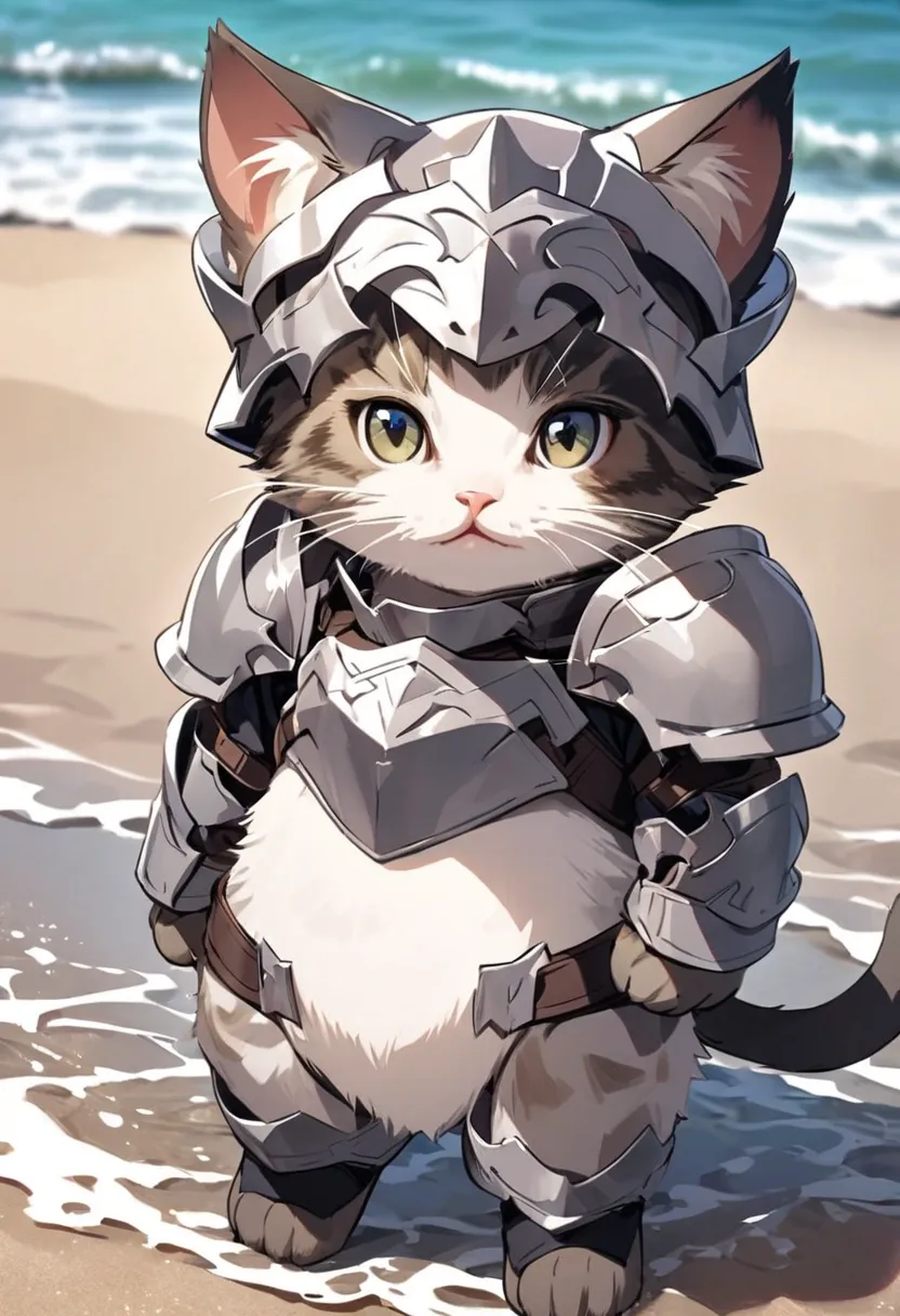 Cute cat dressed in armor on the shore