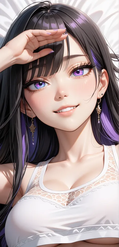 Close up, upper body, Random Sexy pose , ((Ultra detailing)), ((very aesthetic, best quality, ultra detailed)), intricate details, 1girl, ((long hair, Black hair, massy hair, purple inner hair)), ((Multi colour eyes)), ((Detailed eyes)), ((Beautifull eyes)...