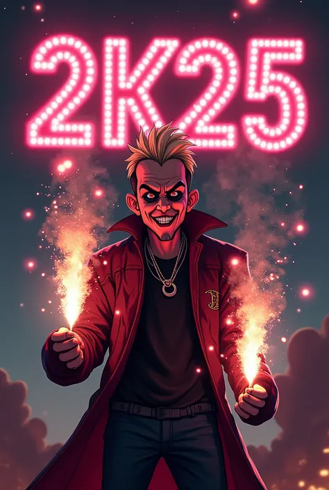 Create a male character with an evil face and with 2k25 behind him for an art of trap-style music with fireworks in his hands and looking like a blonde cartoon