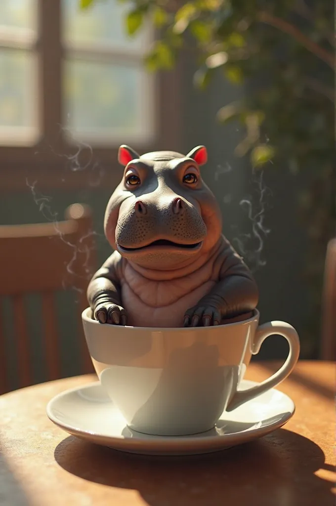 Please make me a super real photo with the following: with a cup of coffee on the table, inside the cup is a hippo.