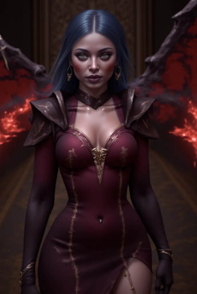 (realistic:2.0),(masterpiece:2.0),(Highest quality),(Very detailed),(Ultra-high resolution),(Best illustrations),8k, a succubus,  deep blue hair, black eyes, red skin, DD breast, horns, demon tail, red demon wings