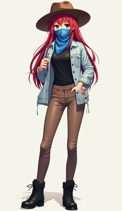 anime style
Woman
stature 190
Light blue bandana on the face 
Light blue bandana in the face cowgirl 
Covered face with bandana 
Covered mouth with bandana 
Tied in the mouth 
Tied under the hair 
Tied behind the head
Brown hat cowgirl
red hair
long hair
b...