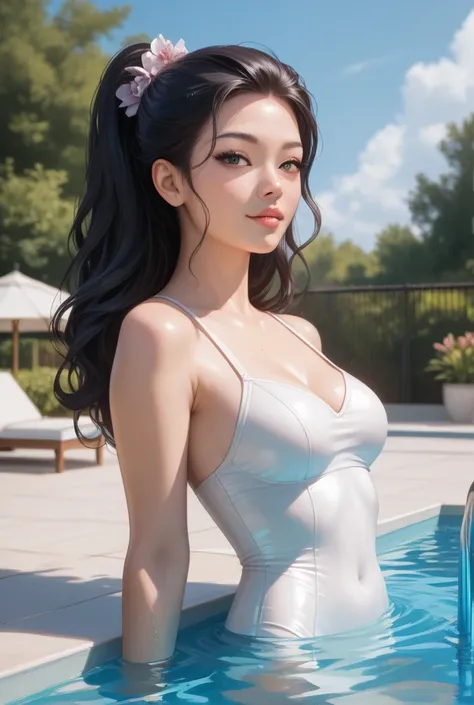 Very pretty anime girl with Asian features with black hair in the pool with good proportions