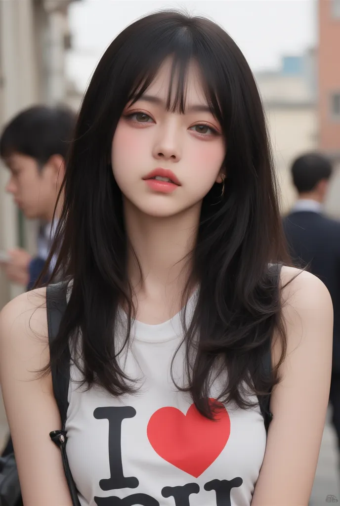 Black hair, long hair, blushing, shy, timid, white sleeveless shirt with print on it saying "I LOVE PH", Hyperrealism, film grain, bokeh, Sony FE, masterpiece, high quality, high details