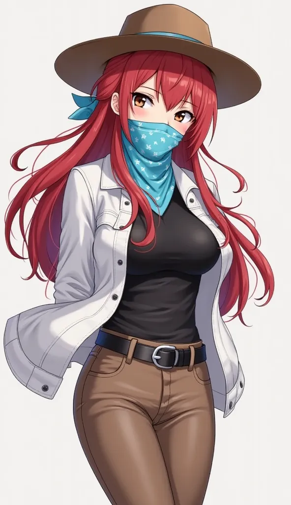 anime style
Woman
stature 190
Light blue bandana on the face 
Light blue bandana in the face cowgirl 
Covered face with bandana 
Covered mouth with bandana 
Tied in the mouth 
Tied under the hair 
Tied behind the head
Brown hat cowgirl
red hair
long hair
b...