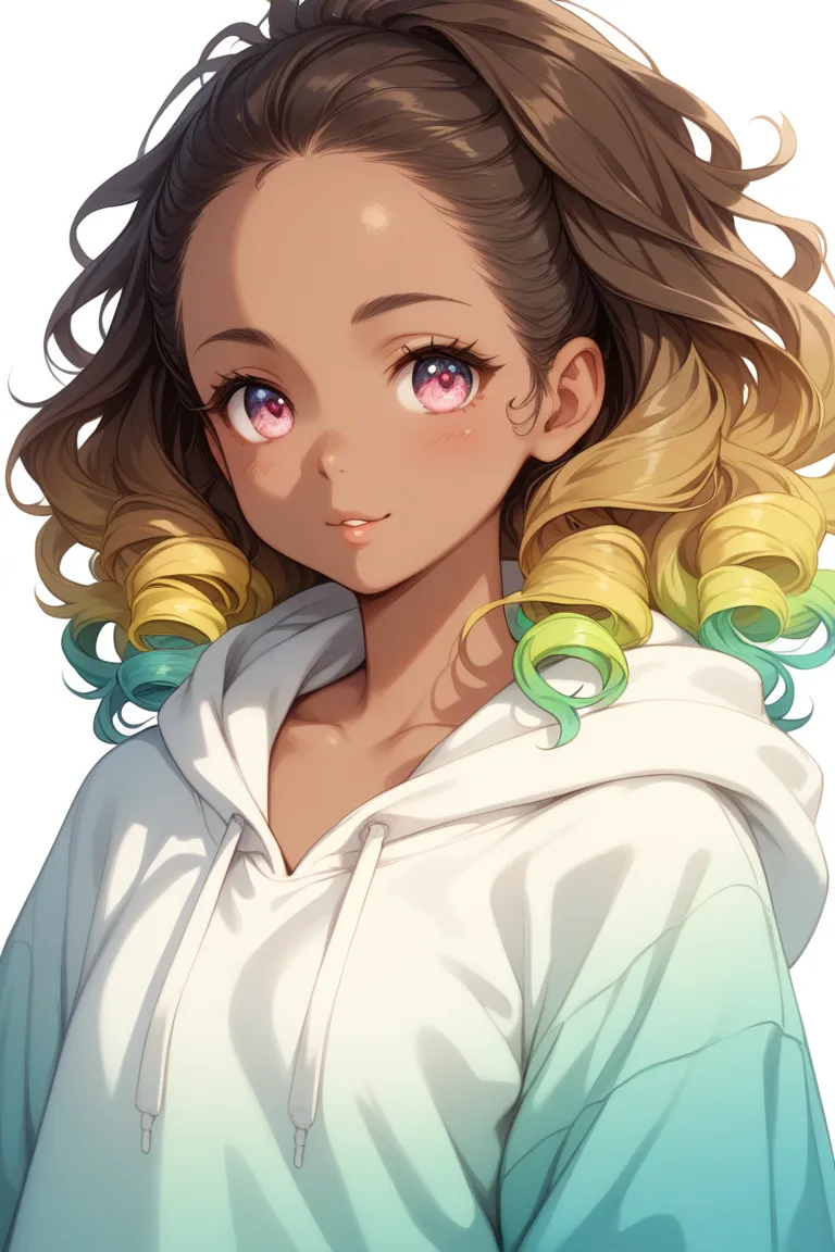 1girl, solo, solo focus, cowboy shot, portrait, oversized hoodie, aqua green and white hoodie, half aqua, half green, ((brown hair)), (yellow hair), (gradient hair :1.5), curly hair, ((pink eyes)), hyperdetailed eyes, tan, (caramel dark skin:1.1), best qua...