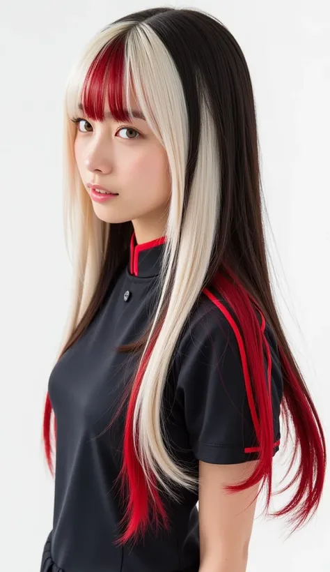 Silky smooth hair、Three hair colors: white blond hair, black hair, and red hair、Flush the bangs、 hairstyle is straight、Long hair up to chest、brown skin、uniform、、ponytail、miniskirt、upper body、