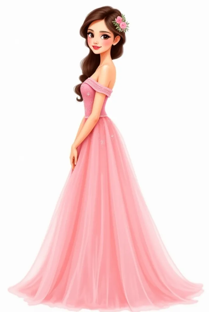 Beautiful Kazakh woman in a beautiful pink Tulle dress white background illustration watercolor cartoon 