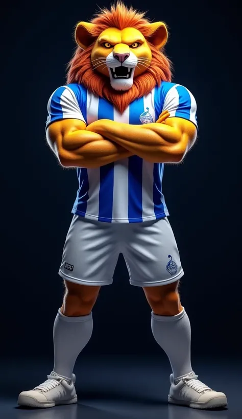 A powerful lion mascot for an e-sports team. The lion has a fierce and determined expression, standing tall with its arms crossed in a dominant pose. It wears a blue and white uniform: a vertically striped blue and white jersey, white shorts, and white kne...