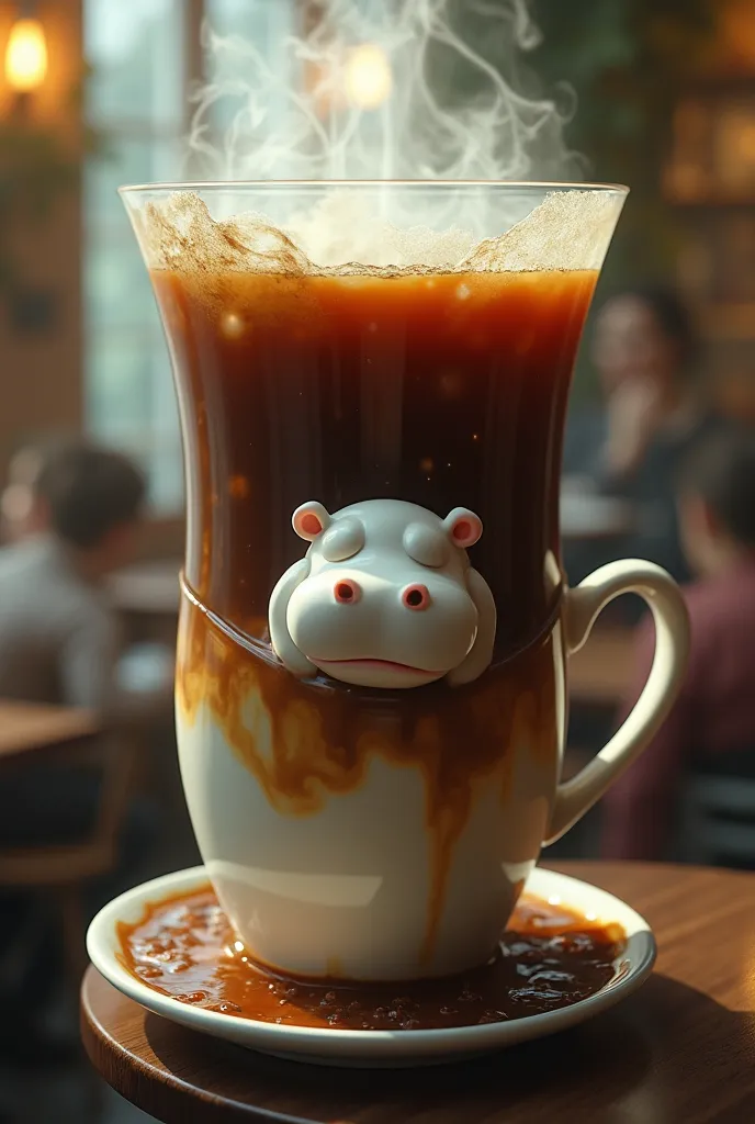 Please make me a super real photo with the following: with a huge cup of coffee on the table, hot vaporising, inside the cup is a white hippo, around there are many fuzzy customers