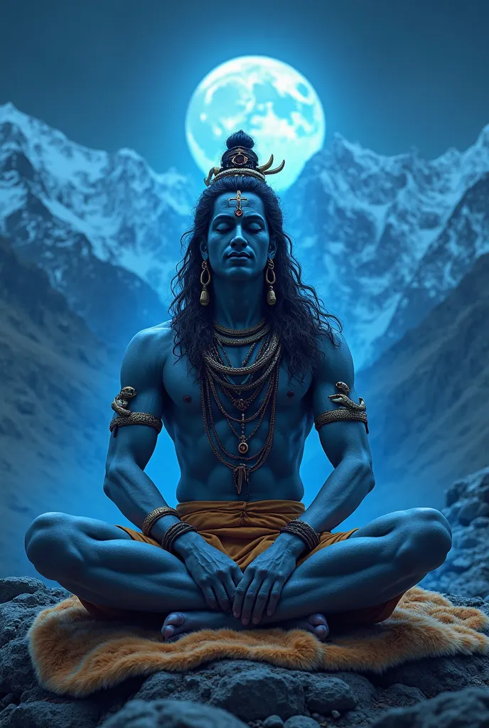 4k ultra hd Lord Shiva sitting on a tiger skin, Trishul in hand, eyes closed in deep meditation, snakes wrapped around neck, blue aura, Himalayas in the background with full moon night."