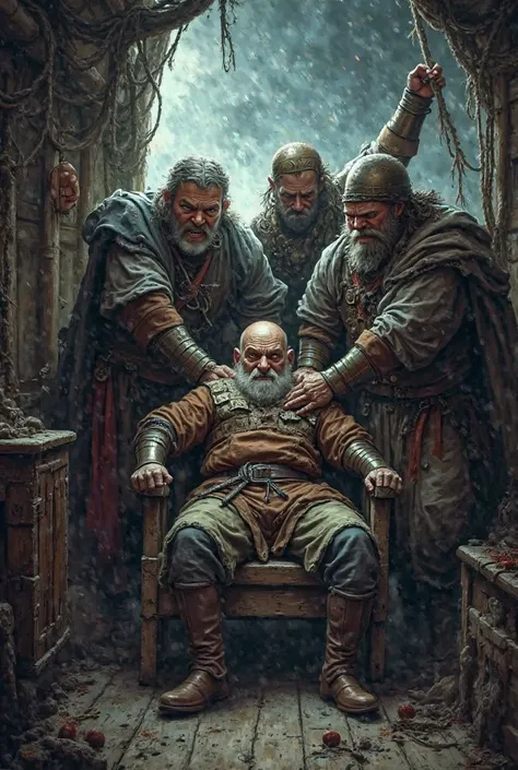 Angry men in medieval times violently waking a bald headed old man up from his cabin in a stormy ship