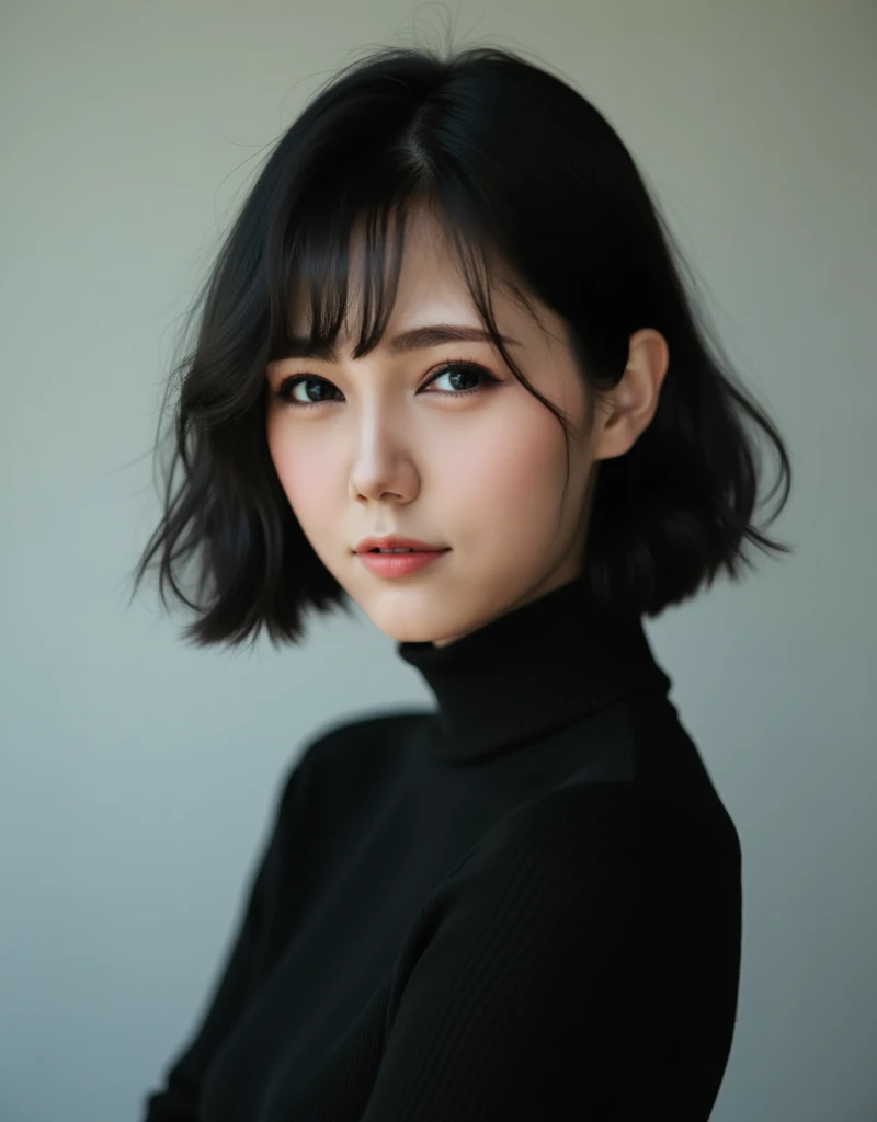 1girl, studio, headshot, medium shot, black turtleneck, black hair, straight hair, bob haircut, asian, looking at viewer