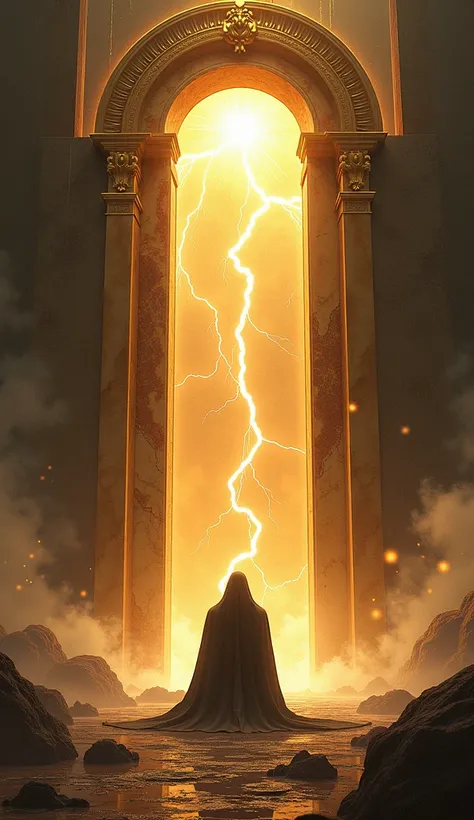 "A massive heavenly door made of gold and marble, wrapped in divine rays, sealed forever. In front of her, a figure lying on its knees, shrouded in darkness that clings to its body like living chains. back, an endless abyss opens, with red lightning cuttin...