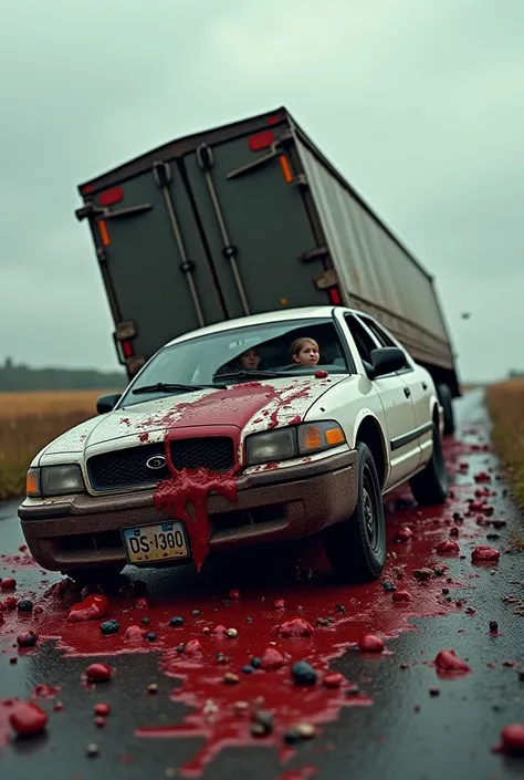 A truck that overturned a car where there was a family that died with blood all over it.