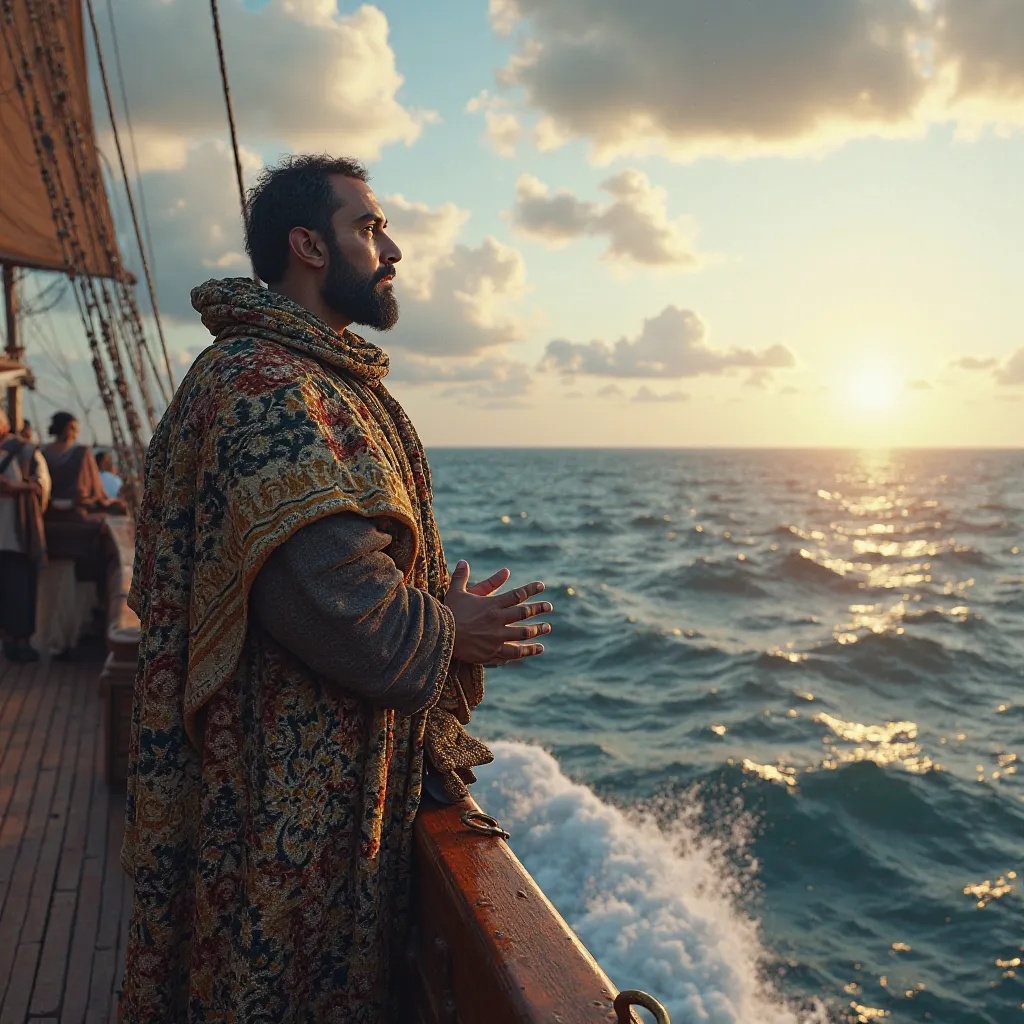 ### 10 AI-Generated Image Scenarios for the Story of Vasco da Gama:

1. **First Image: Vasco da Gama on His Ship**  
   - **Description**: A 3D rendering of Vasco da Gama standing at the bow of his ship, gazing at the distant horizon where the Atlantic Oce...