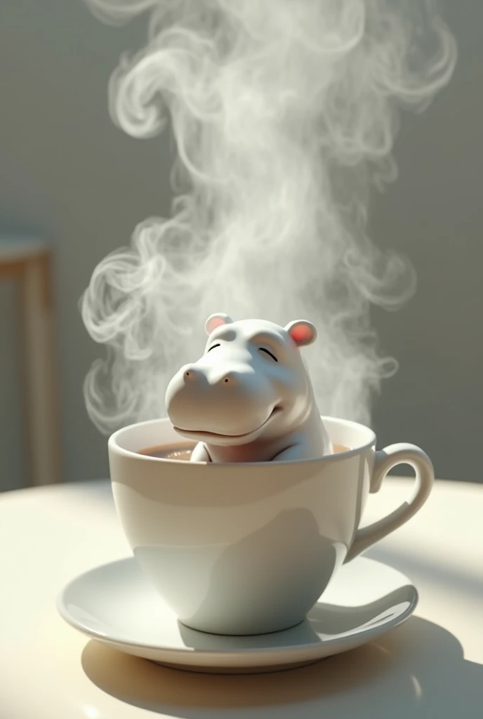 Please make me a super real photo with the following: with a huge cup of coffee on the table, is evaporating hot inside the cup is a white hippo, the image from above