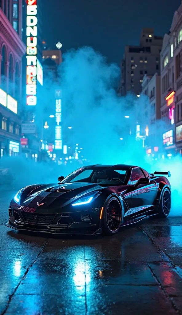 The best realistic city, metropolis,   avenue  .   side view, Corvette C9 Limited Edition Black,  bright, reflexive, therefore, blue headlights. futuristic. parked, not moving  . neon blue smoke in the background. Blue fantasy effect..