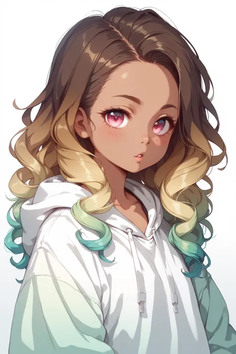 1girl, solo, solo focus, cowboy shot, portrait, oversized hoodie, aqua green and white hoodie, half aqua, half green, ((brown hair)), (yellow hair), (gradient hair :1.5), curly hair, ((pink eyes)), hyperdetailed eyes, tan, (caramel dark skin:1.1), best qua...