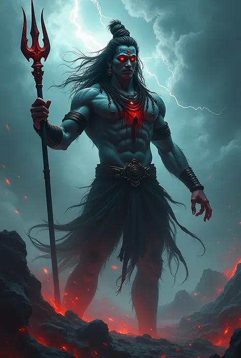 4k ultra hd Dark Lord Shiva with glowing red eyes, holding blood-stained Trishul, ashes on body, storm clouds, thunder in sky, surrounded by ghosts and cosmic energy."