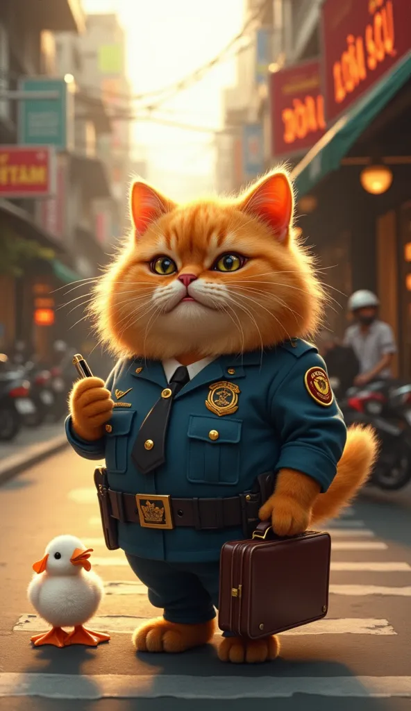 A chubby golden cat with fluffy orange fur in a human-like pose, wearing a police uniform, stern but amused expression, writing a ticket with a pen and notepad, a plump white duck in office attire holding a briefcase, guilty expression, bustling Vietnamese...