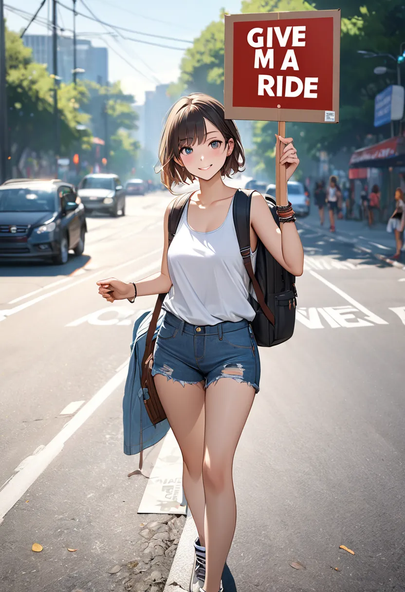 A spirited young woman is hitchhiking by the roadside holding a cardboard sign with the bold text 'Give me a ride' written on it, She holds up a cardboard sign with both hands to attract the attention of passing cars, Dressed in a plain white tank top and ...