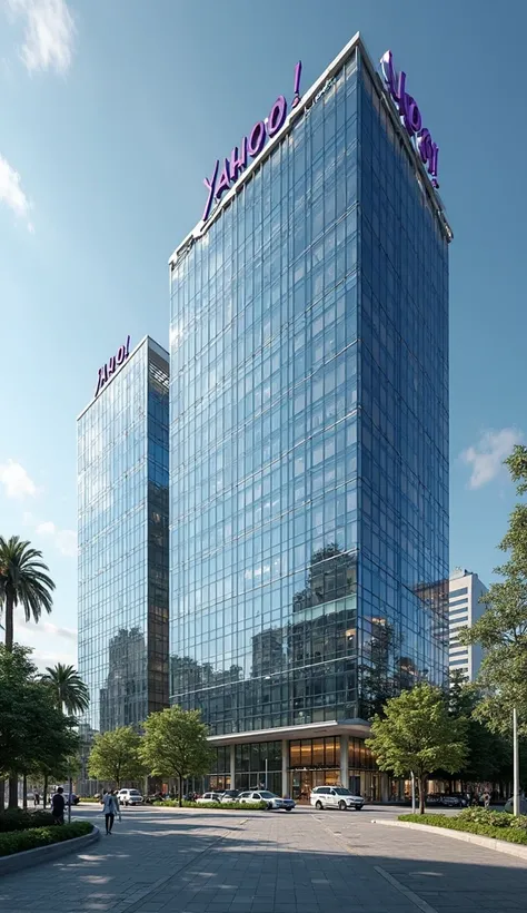 Capture a high-resolution image of a modern corporate headquarters building with a glass exterior reflecting the sky. The building features large transparent windows and a bold, recognizable company logo, 'Yahoo!', prominently displayed on the rooftop. The...