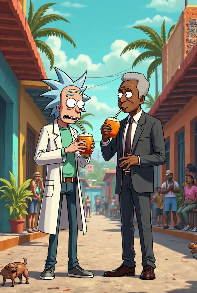 Rick Sanchez with the president of Mozambique.
Drinking coconut water on a favela street 