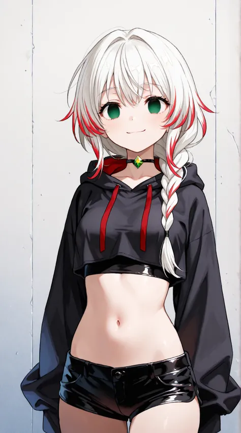 (high quality, ultra-detailed), female, white hair with few red highlights strands, single long braid starts below the neck and all the way down the end of the back knee, solo, emerald eye color both empty eyes, anatomically correct, medium breast, short h...