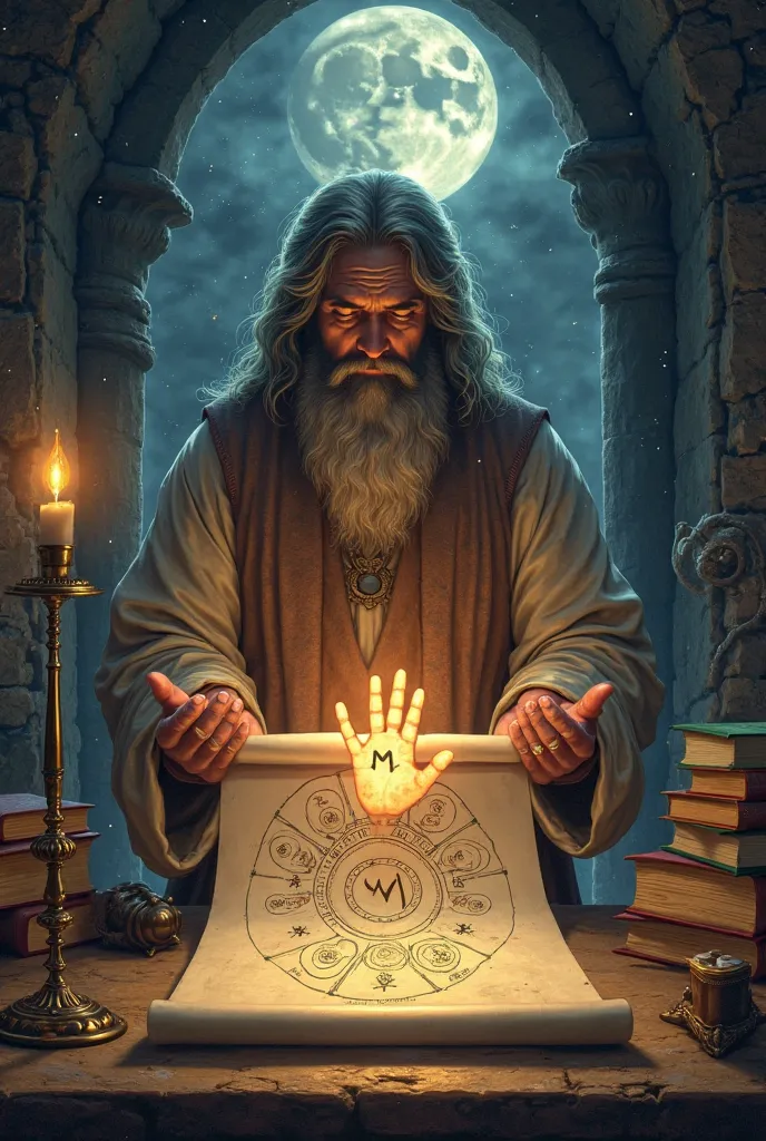 "A historical and mystical illustration of an ancient philosopher studying palmistry under the moonlight. He is holding a scroll with palm reading diagrams, with the 'M' marked on a hand in the center. The scene is set in an ancient study room, surrounded ...