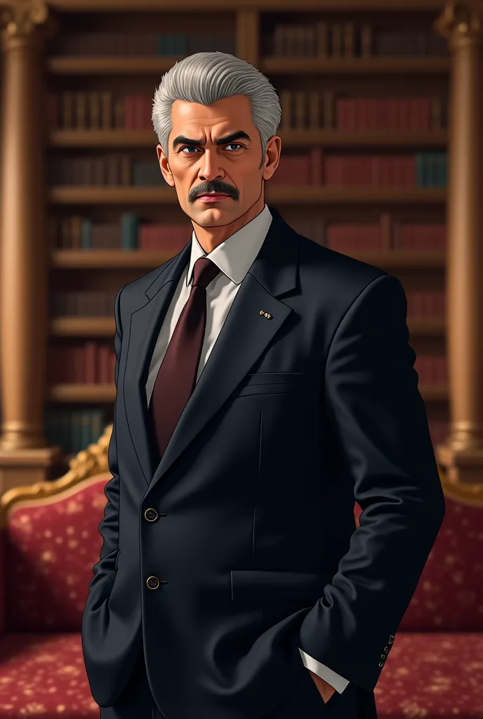 CreA distinguished middle-aged man with salt-and-pepper hair neatly combed back, reflecting wisdom and authority. His deep-set dark eyes hold years of experience, always sharp and calculating. A well-groomed mustache and a chiseled jawline give him a comma...